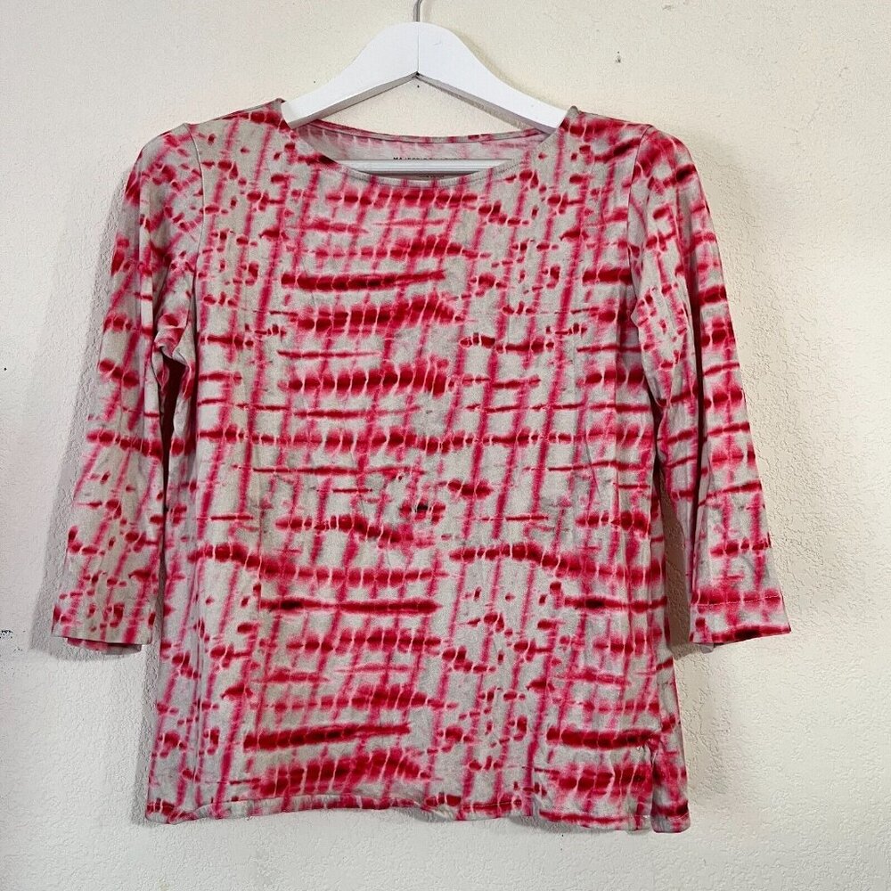 Majestic Filatures Women Cotton Tie-Dye Red 3/4 Sleeve Boatneck Tee Shirt Size 3